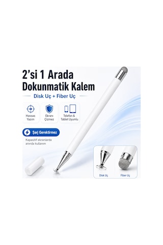 Samsung Galaxy Tab A11+ Plus X230 İle Uyumlu Çift Uçlu Dokunmatik Kalem Disk Fiber Uç Beyaz