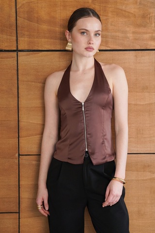 Verymoda Fermuarlı Saten Yelek Vmd2952 Kahve
