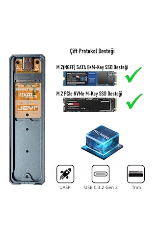 Jeyı Thunderate M.2 Pcıe Nvme Ve M.2 Ngff Sata Ssd To Usb 3.2