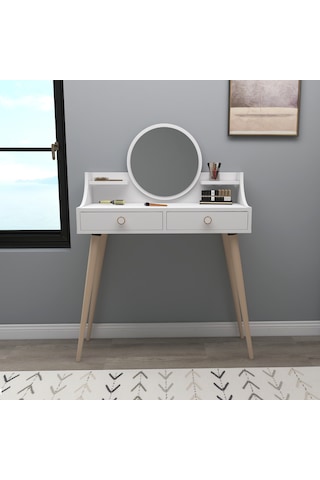 Arnetti Roys Aynalı Makyaj Masası Ahşap Ayaklı Beyaz