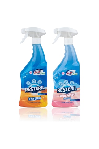 Resteril Çok Amaçlı Bebek Yüzey Dezenfektan Spreyi Durulanmayan Baby Kids Buzdolabı Koku Giderici Mutfak Yüzey Dezenfektanı Set 2 x 750 ML