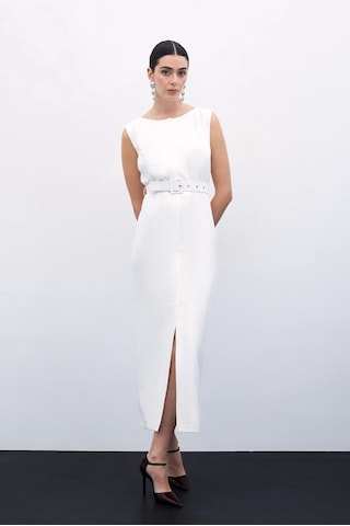 Sateen Kemerli Kalem Elbise - Ekru-135813 Ekru