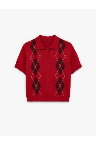 Koton Kısa Kollu Polo Yaka Baklava Desenli Triko Kazak Kırmızı Desenli 6sak90148ht Kırmızı Desenli