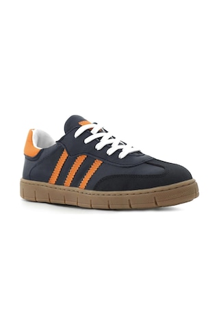 Hakiki Deri Lacivert Turuncu Bağcıklı Fermuarlı Çocuk Sneakers Ayakkabı Lacivert