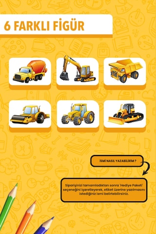 İsim Yazılabilir İş Makineleri Temalı Okul Etiketi Kalem & Defter İçin 200 Adet Farklı Figür 1 Turuncu