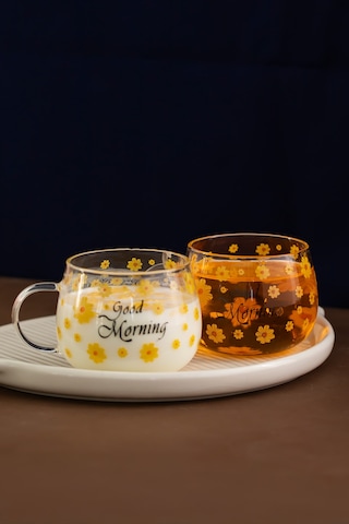 Porsima 2089 Borosilikat Isıya Ateşe Dayanıklı Cam Kulplu Çay Bardağı Kahve Bardak Kupa Sarı 400 Ml Şeffaf