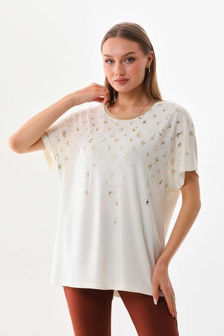 Büşra Triko Kadın Desenli Kısa Kol Penye Bluz 19152 Ekru