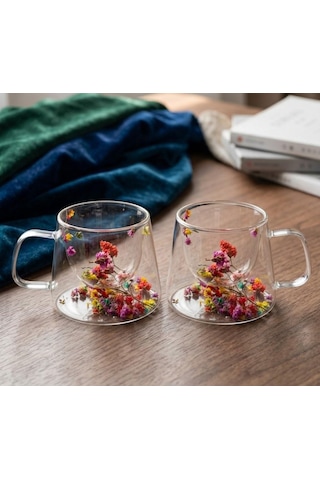 2li El Yapımı Gerçek Kuru Çiçekli Çift Cidarlı Cam Kupa Hediyelik Tasarım Çay Fincanı 250ml. Şefaf