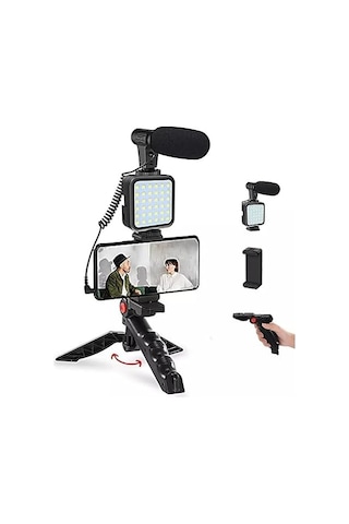 Tripod, Selfie, Video Üretimi İçin Kit, Stand, Uzaktan Kumandalı Mikrofon Led Işık Ve Mini Tripod Telefon Vlog Video Kayıt İçin Aradığınız Herşey Bu Kutuda Ay-49