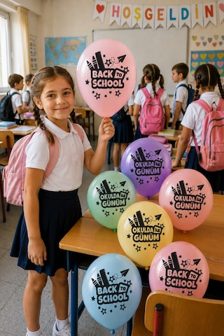 Okulda İlk Günüm 10'lu Makaron Balon Seti Çift Taraflı Back To School Okul Açılışı Diğer