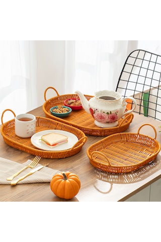 Porsima 708d Oval 3'lü Hasır Tepsi Dekoratif Sunum Servis Tepsisi