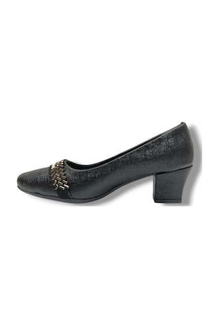 C-shoes 7305-26 Ekose Baskı Bant Taşlı Kısa Kalın Topuk Kadın Ayakkabı Siyah