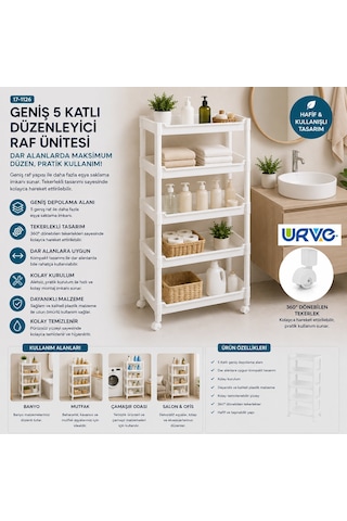 5 Katlı Tekerlekli Sepet Organizer Raf Ünitesi 355x220x850 Mm Renkli