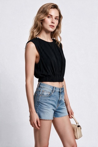 Blange Kadın Bisiklet Yaka Kolsuz Lastik Belli Crop Bluz Dökümlü Kumaş Siyah