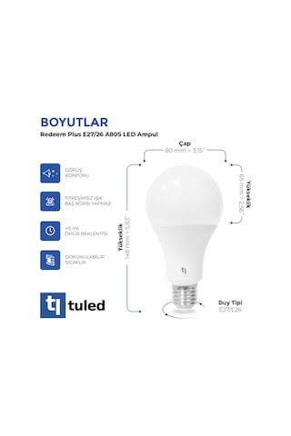 Redeem A80s E27 Led Ampul, Titreşimsiz, Göz Konforu, 1389 Lümen, Beyazı, 5000 Kelvin