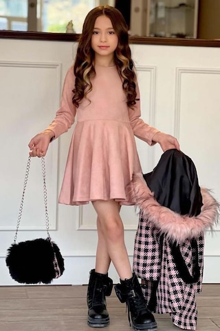 Riccotarz Kız Çocuk Kapüşonlu Peluş Detaylı Kare Desenli Pembe Kaban Pembe