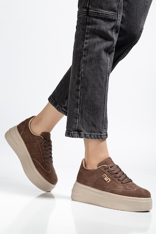 Bahrina Kadın Beyaz Cilt Kalın Taban Tokalı Sneaker Kahverengi