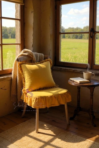 Hardal Renk El Yapımı Buldan Yıkanmıs Keten 4 Tarafı Fırfırlı Sandalye Minderi Hardal