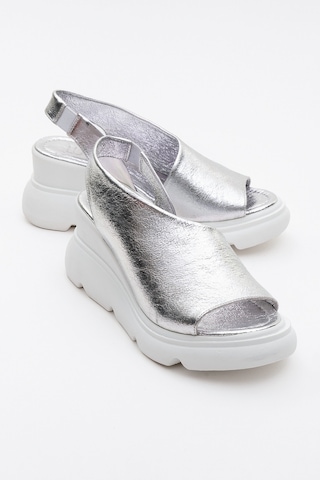 Luvishoes Agusto Metalik Gümüş Hakiki Deri Kadın Dolgu Topuk Sandalet Gümüş