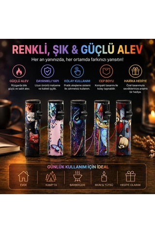 Özel Seri Fonksiyonel Yenilikçi Aksesuar Led Işıklı Rüzgar Çakmağı - Karışık Desenli - İpli