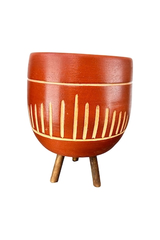 Bitki Tasarımı Çizgi Desenli Toprak Saksı 3 Ayaklı 19 Cm
