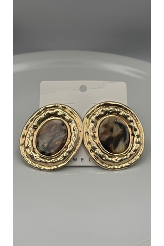 Gold Plaka Oval Taşlı Küpe Çok Renkli