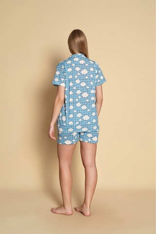 Kadın Gömlek Şort Desenli Pijama Takımı Mavi