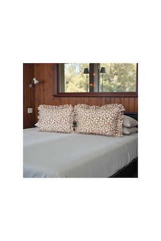 Fırfırlı Yastık Kılıfı 2 Li Set Tek Kişilik %100 Organik Pamuk 50x70 Cm 8 Farklı Desen Seçenekli Kiremit Beyaz Çiçekler