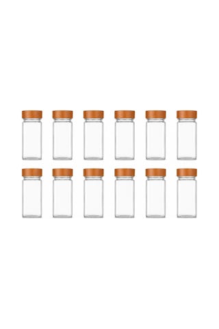 Bambu Kapaklı Cam Baharatlık Seti 12 Adet, Şeffaf Kare Baharat Kavanozu, Plastik Delikli İç Kapaklı Kontrollü Döküm Sistemi, 11x4x4 Cm Mutfak Düzenleyici Baharat Saklama Kabı Seti