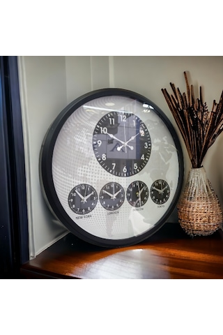 Dünya Saatleri Otel Duvar Saati Metal Siyah Çerçeve Çap 52 Cm Siyah