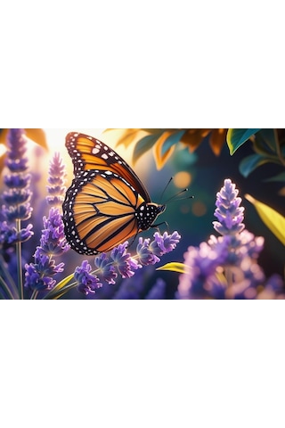 Kelebek Parlayan Güneş Işığı Altında Lavanta Çiçeğinin Üzerinde Dinleniyor 05 Çerçevesiz 50x30 Cm Pvc Tablo