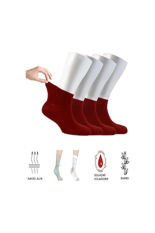 Ozzy Socks Kadın 4 Çift Bambu Lastiksiz Sıkmayan Diabetik Bilek Çorap Bordo