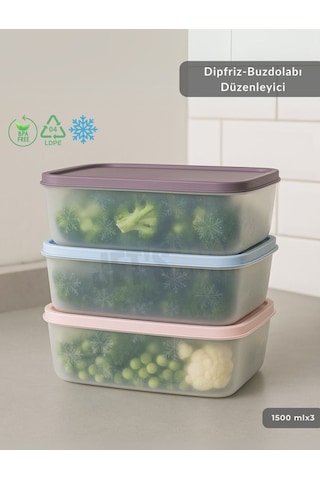 3'lü Dipfriz Saklama Kabı - No Frost Silikon Kapaklı Derin Dondurucu Düzenleyici - Bpa Free - 1500 Ml Şeffaf