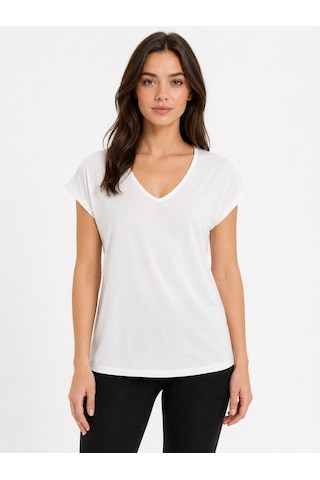 Neden Tekstil V Yaka Kadın Beyaz Basic T-shirt