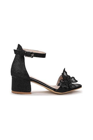 Kiko Kids Zete Kum Simli Kız Çocuk 4 Cm Topuklu Sandalet Abiye Ayakkabı Siyah Siyah
