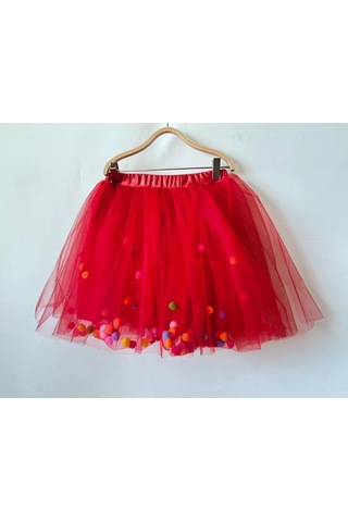 Gala İçi Ponponlu Kız Çocuk Tütülü Etek Kırmızı