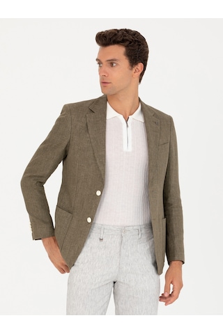 Cacharel Haki Slim Fit %100 Keten Ceket Yesıl