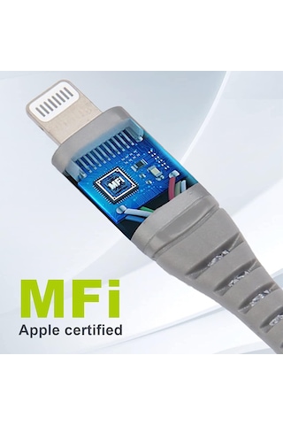 Omars MFI Sertifikalı Type-C to Lightning Apple Uyumlu iPhone / iPad Örgülü Hızlı Şarj ve Data Kablosu 1 Metre Gri