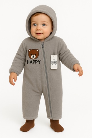 Uğur Bebe Gri Kapüşonlu Fermuarlı Peluş Bebek Tulum Yumuşacık Wellsoft Kumaş, Kışlık Sıcak Tutucu Tulum Gri Gri