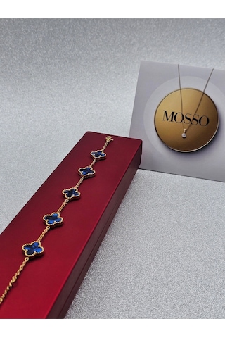 Sedefli Mavi Çelik Bileklik Gold Renk Yoncalı Model Altın