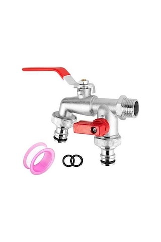 Didadodo Çift Çıkış Musluğu, 1/2 İnç Küresel Vana, Pirinçten Ekru, Gümüş Detay Ekru