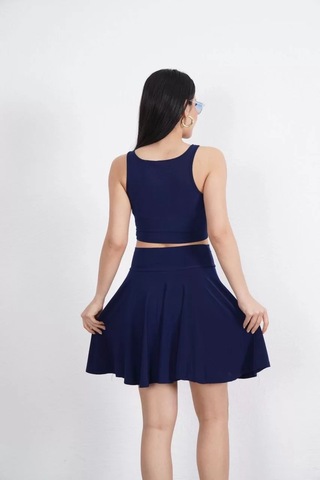 Sendy Kumaş Bisiklet Yaka Crop Şortlu Etek İkili Takım - Lacivert Lacivert