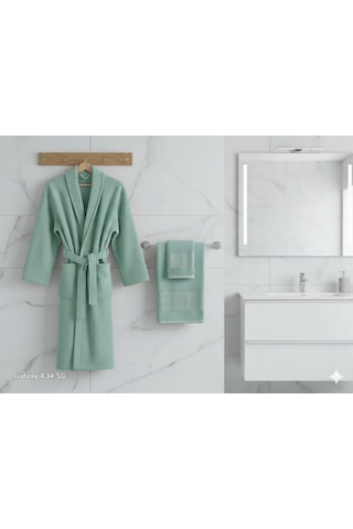Belinis %100 Pamuk Otel & Spa Kalitesinde Yumuşak Yüksek Su Emici 1 Adet Bornoz 1 Adet 50 X90 Cm Havlu Su Yeşili