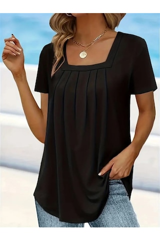 Nnstartshopping Kadın Kısa Kollu Pileli Kare Yaka Salaş Viskon T-shirt Siyah