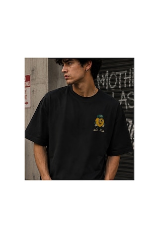 Qmen Style Unisex Siyah Oversize Baskılı T-shirt Limon %100 Pamuk