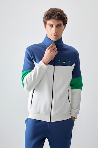 Tommy Life Ekru - İndigo Dik Yaka Renk Geçişli İçi Polarlı Erkek Eşofman Takımı - 85186 Ekru