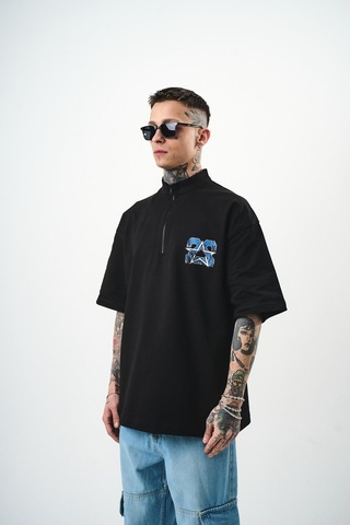 Respire Erkek 22 Baskılı Yarım Fermuarlı Oversize T-shirt Siyah