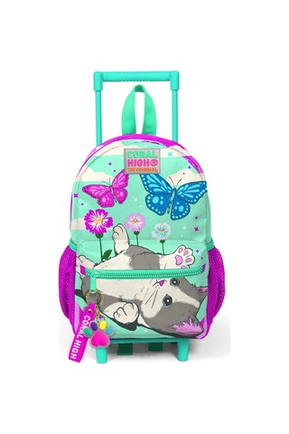 Coral High Kıds Açık Yeşil Pembe Kedi Kelebek Desenli Çekcek Anaokul Çantası 24008