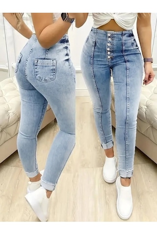 Sidelya Concept Kadın Yüksek Bel Önden Düğmeli Jean Pantolon Mavi