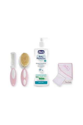 Baby Shower Hediye Seti 3 Parça: Pierre Cardin Kundak Havlu + Şampuan + Tarak-fırça - Pembe